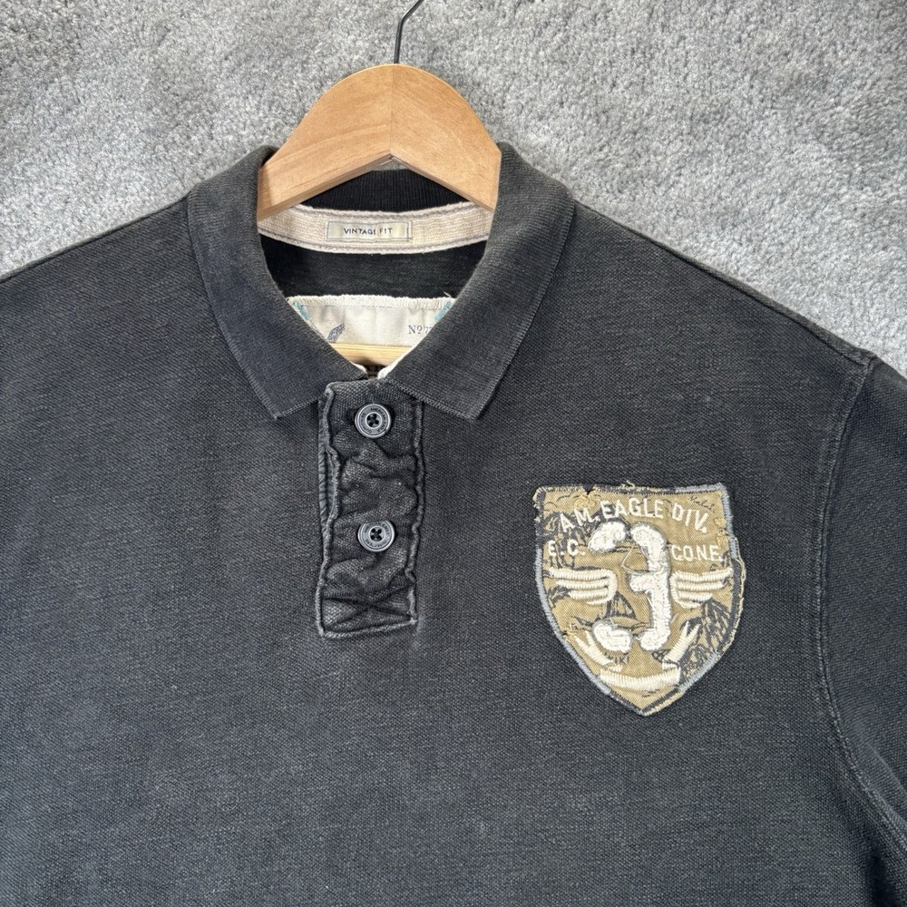American Eagle Polo Shirt Mens L Black Crest Patch Distressed Short Sleeve Y2K